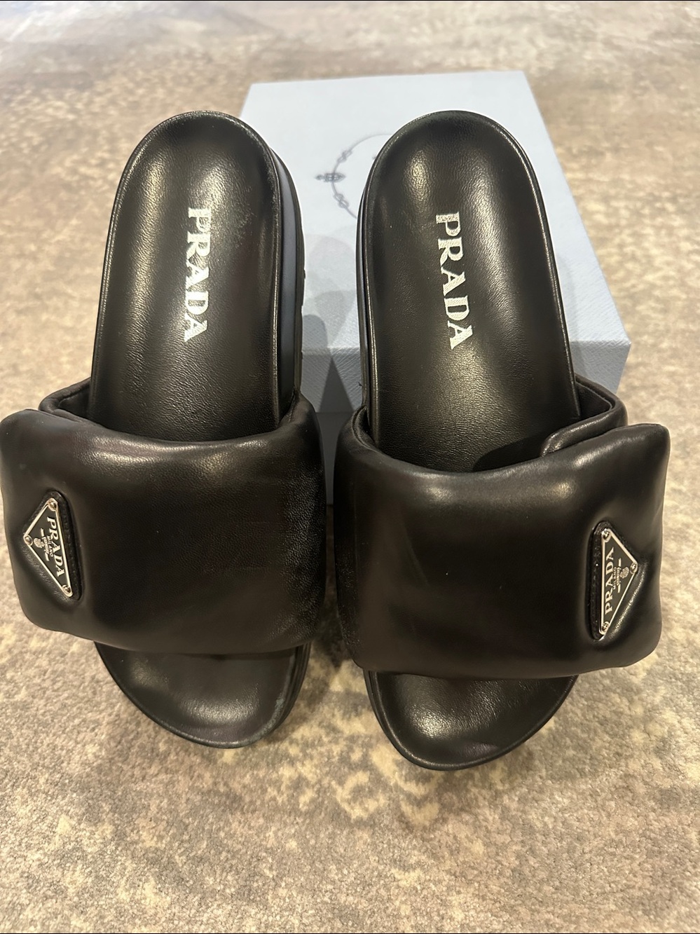 PRADA PADDED BLACK NAPPA LEATHER SLIDE SIZE 7.5 WITH LOGO